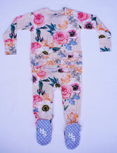 Load image into Gallery viewer, Mountain Peony Zippered Ruffled Footie One Piece

